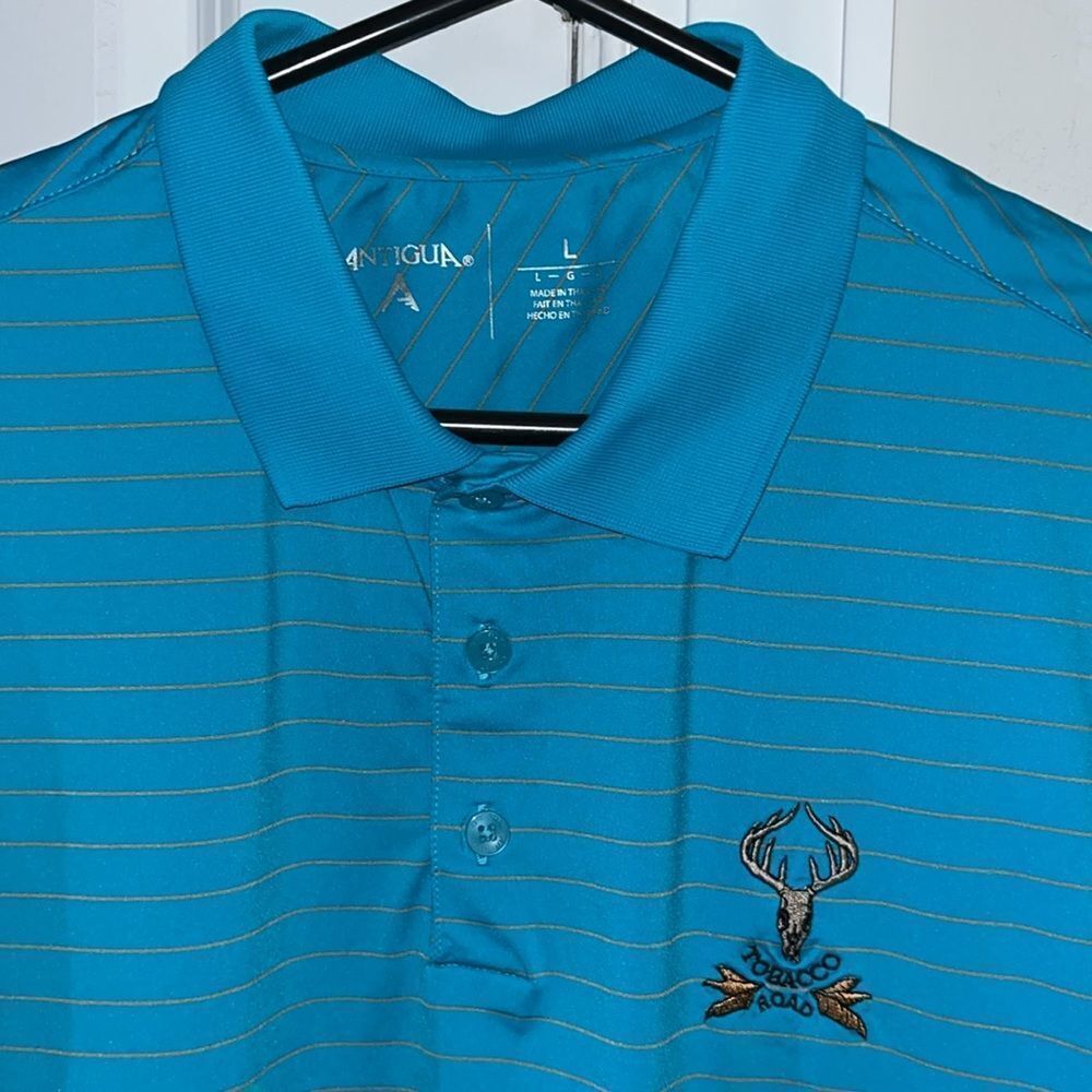 Blue Green Antigua Stripe Poly/Spandex Tobacco Road Pinehurst Golf Polo Shirt L